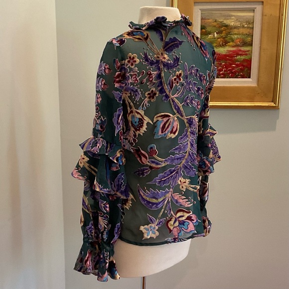 PATBO Colorful Floral Burnout Velvet Sheer Long Sleeve Ruffle Blouse Size Small - Picture 6 of 12